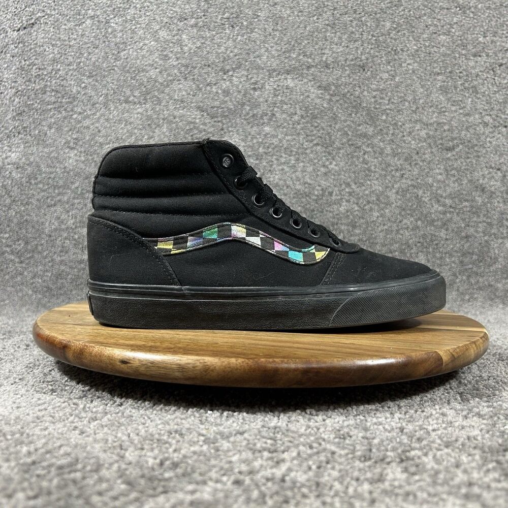 Vans Iridescent Women's Sz 8 Black Checkerboard Stripe High Top Skate Shoes Used